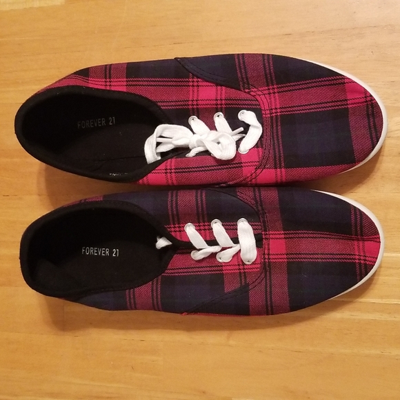 Forever 21 Shoes - Red Plaid Lace Up Flat Sneakers NWOT